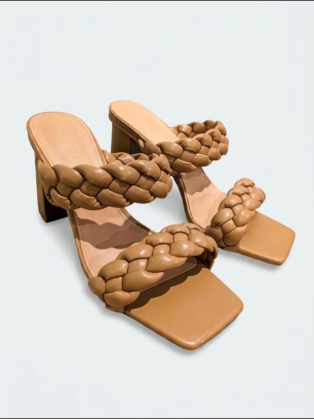 Braided Double-Strap Block Heel Mules in Tan